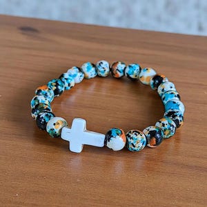 Black Orange Blue Beaded Cross Stretch bracelet - - LadybugfeetDesigns -