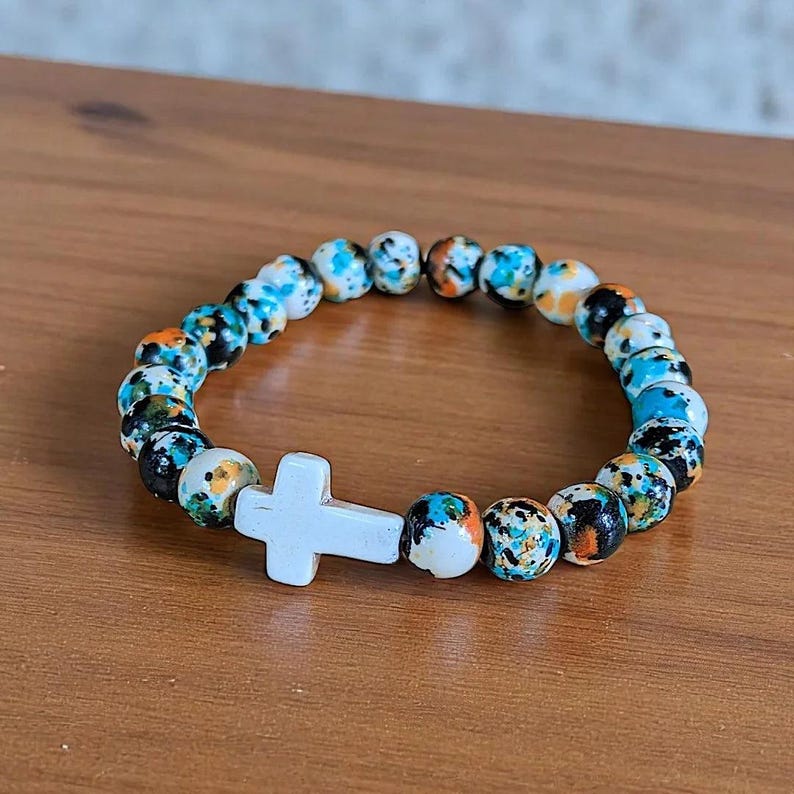 Black Orange Blue Beaded Cross Stretch bracelet - - LadybugfeetDesigns -