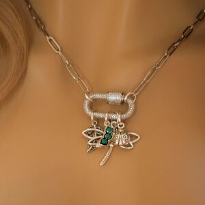 Large Dragonfly, Garden Friends Carabiner Necklace, Silver - 20 inch - - LadybugfeetDesigns -