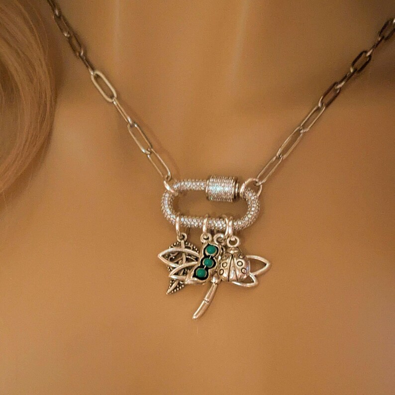 Large Dragonfly, Garden Friends Carabiner Necklace, Silver - 20 inch - - LadybugfeetDesigns -