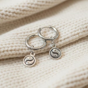 Yin Yang Huggie Hoop earrings, Silver - 12mm - - LadybugfeetDesigns -