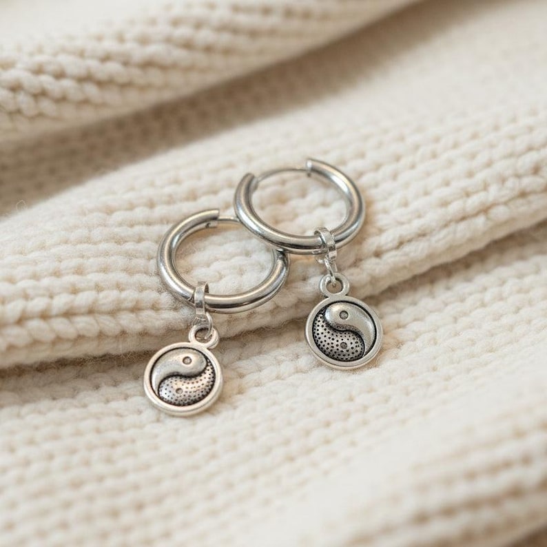 Yin Yang Huggie Hoop earrings, Silver - 12mm - - LadybugfeetDesigns -