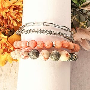Peach Dream Crystal Beaded layered cuff bracelet - - LadybugfeetDesigns -
