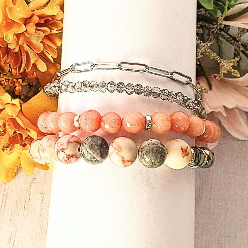 Peach Dream Crystal Beaded layered cuff bracelet - - LadybugfeetDesigns -