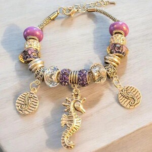 Seahorse European beaded bracelet, Silver - - LadybugfeetDesigns -