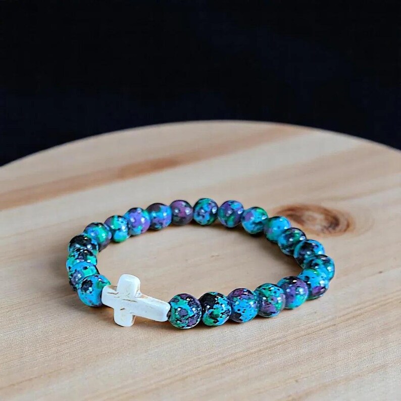 Teal Blue Green Beaded Cross Stretch bracelet - - LadybugfeetDesigns -