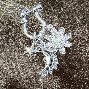 Celestial Moon Face, CZ Sun and Star Shackle Clasp Carabiner Necklace, Silver - 20 inch - - LadybugfeetDesigns -