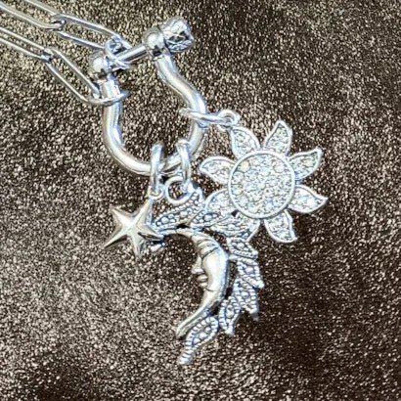 Celestial Moon Face, CZ Sun and Star Shackle Clasp Carabiner Necklace, Silver - 20 inch - - LadybugfeetDesigns -