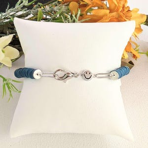 Dark Blue Smiley Stainless Steel Paperclip Chain Bracelet - - LadybugfeetDesigns -