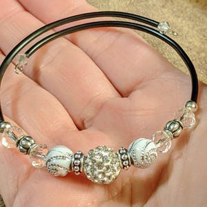 Faux Leather White Rhinestone Memory Wire Bracelet - - LadybugfeetDesigns -