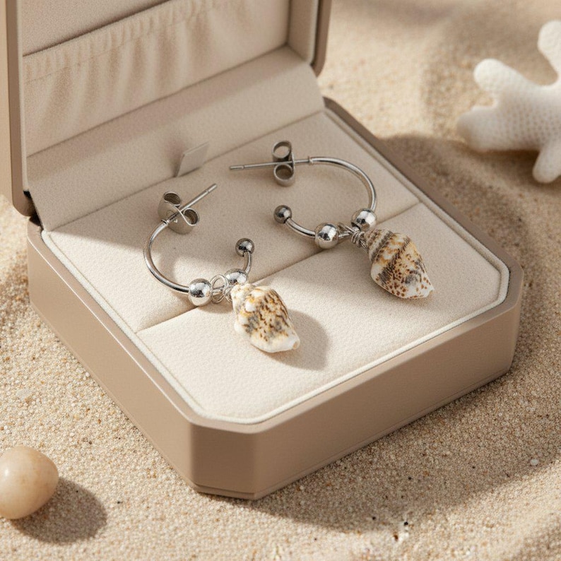 Genuine Conch Shell Hoop Earrings, Silver - 16mm - - LadybugfeetDesigns -