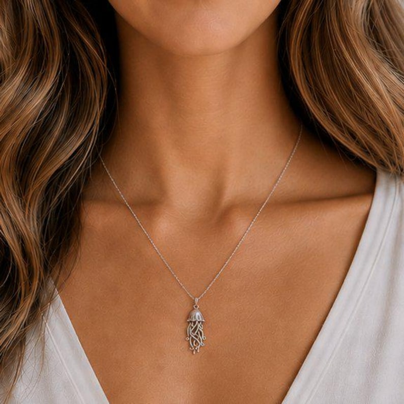 Jellyfish Pendant charm necklace, Sterling Silver - 22 inch - - LadybugfeetDesigns -