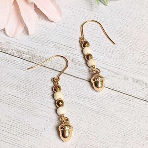 Gold Acorn Stainless Steel gold hook earrings - - LadybugfeetDesigns -