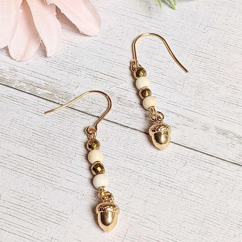 Gold Acorn Stainless Steel gold hook earrings - - LadybugfeetDesigns -