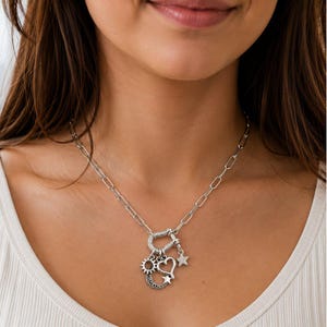 Celestial Crescent Moon and Heart Shackle Clasp Carabiner Necklace, Silver - Adjusts up to 20 inches - - LadybugfeetDesigns -