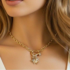 Gold CZ Sun and Silver Moon and Star Shackle Clasp Carabiner Necklace, Gold - 20 inch - - LadybugfeetDesigns -