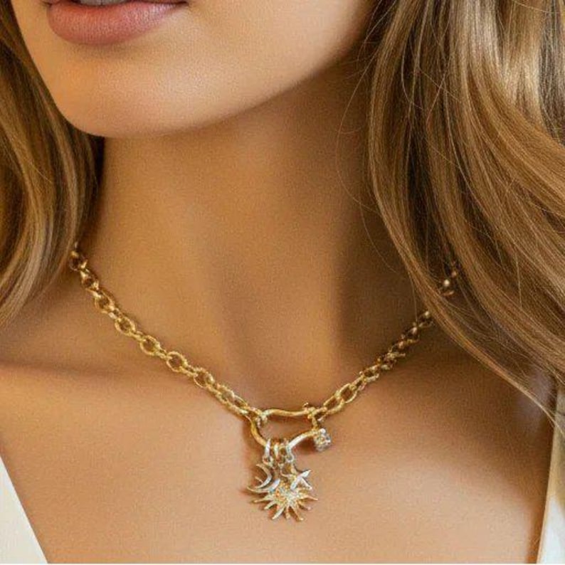 Gold CZ Sun and Silver Moon and Star Shackle Clasp Carabiner Necklace, Gold - 20 inch - - LadybugfeetDesigns -