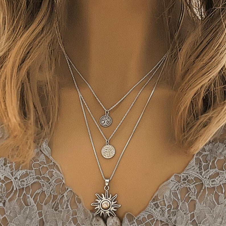 Energy, Power, Positivity Layered Necklace Set, Silver - - LadybugfeetDesigns -