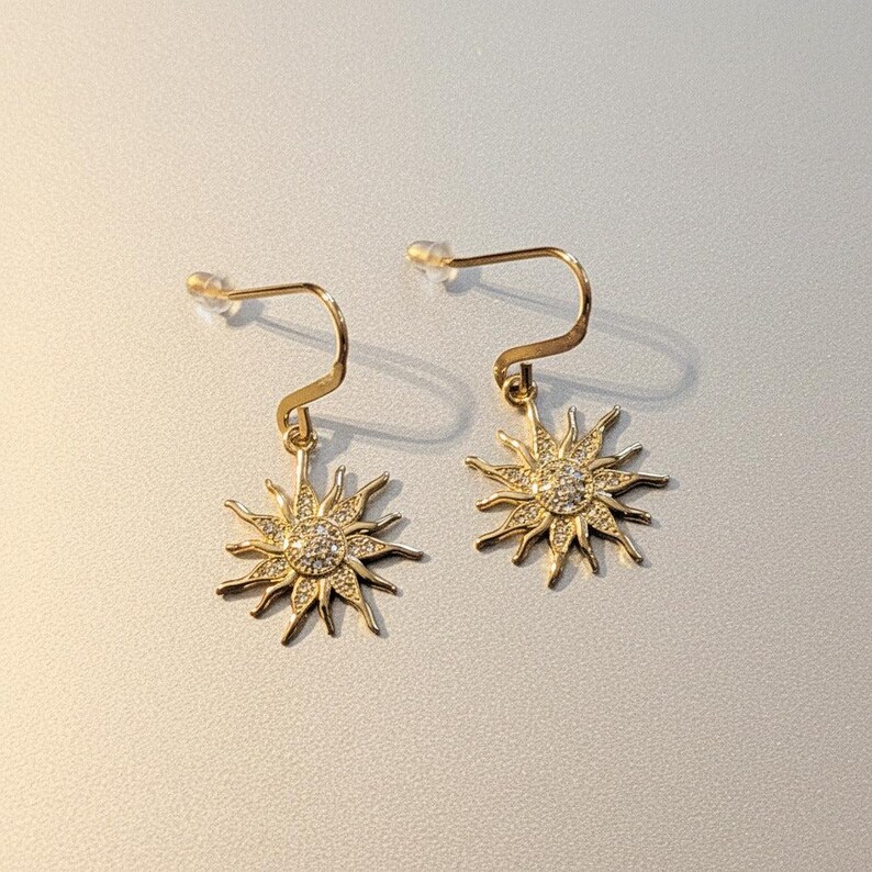 Fiery Sun Charm Drop Hook Earrings, Gold - - LadybugfeetDesigns -