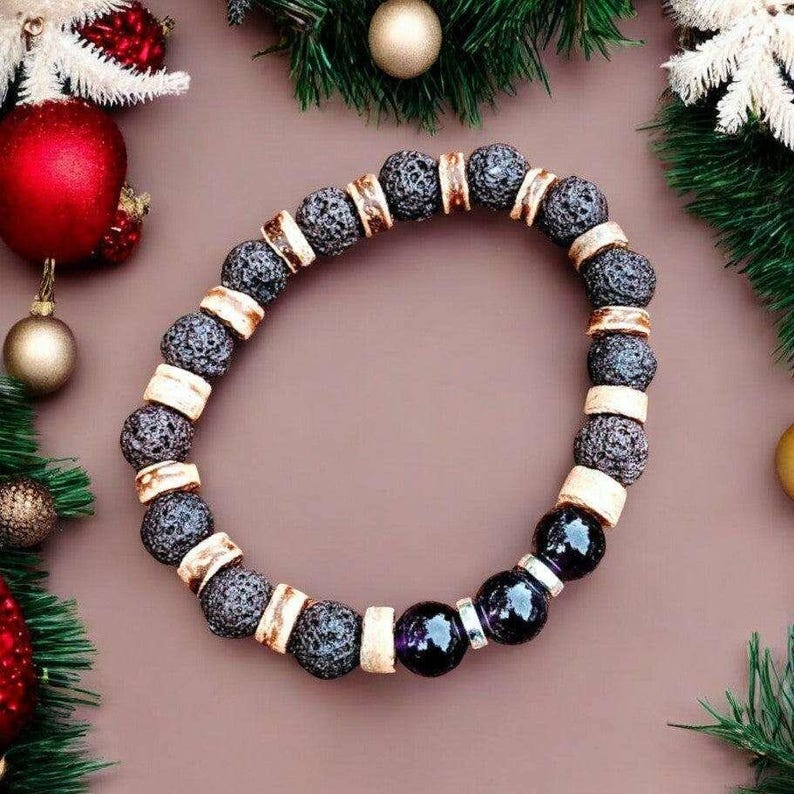 Dark Amethyst Gemstone Lava Bead Stretch bracelet-FEBRUARY Birthstone - - LadybugfeetDesigns -