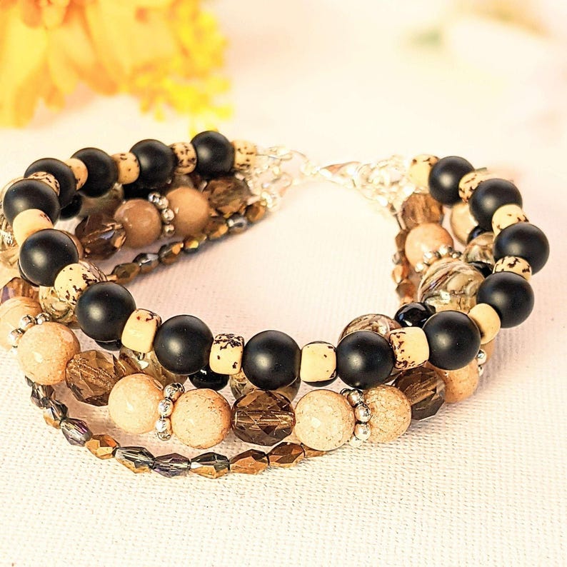 Chunky Jasper Coffee layered cuff bracelet - - LadybugfeetDesigns -