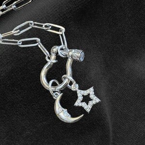 Celestial Moon CZ Star Shackle Clasp Carabiner Necklace, Silver - 20 inch - - LadybugfeetDesigns -