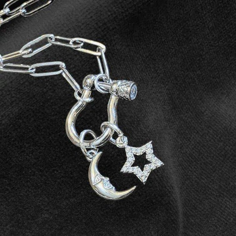 Celestial Moon CZ Star Shackle Clasp Carabiner Necklace, Silver - 20 inch - - LadybugfeetDesigns -