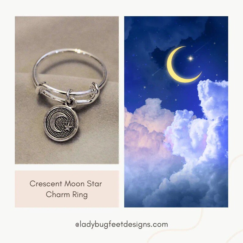 Crescent Moon Star Charm Ring - - LadybugfeetDesigns -