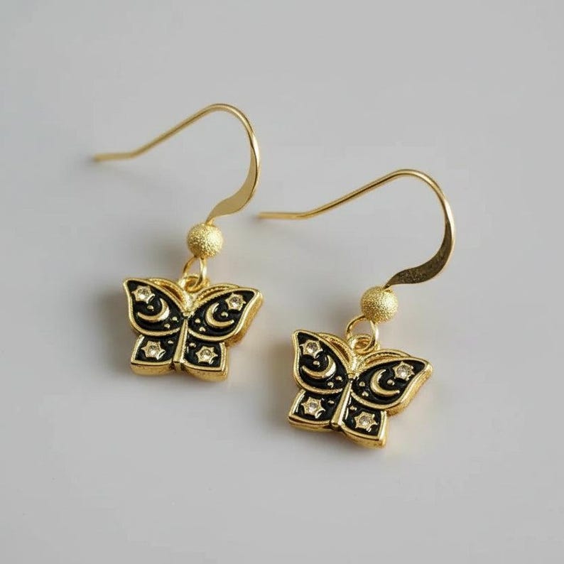 Celestial Butterfly Gold dangle earrings - - LadybugfeetDesigns -