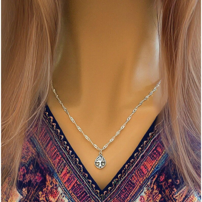 Tree of Life Drop Necklace, Silver - 20 inch - - LadybugfeetDesigns -