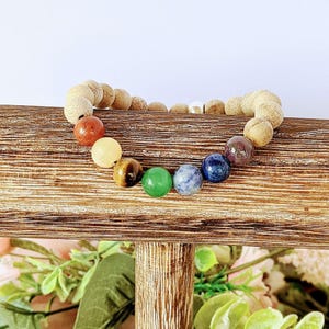 Sandalwood Chakra Bead Diffuser Bracelet, Energy & Balance - - LadybugfeetDesigns -