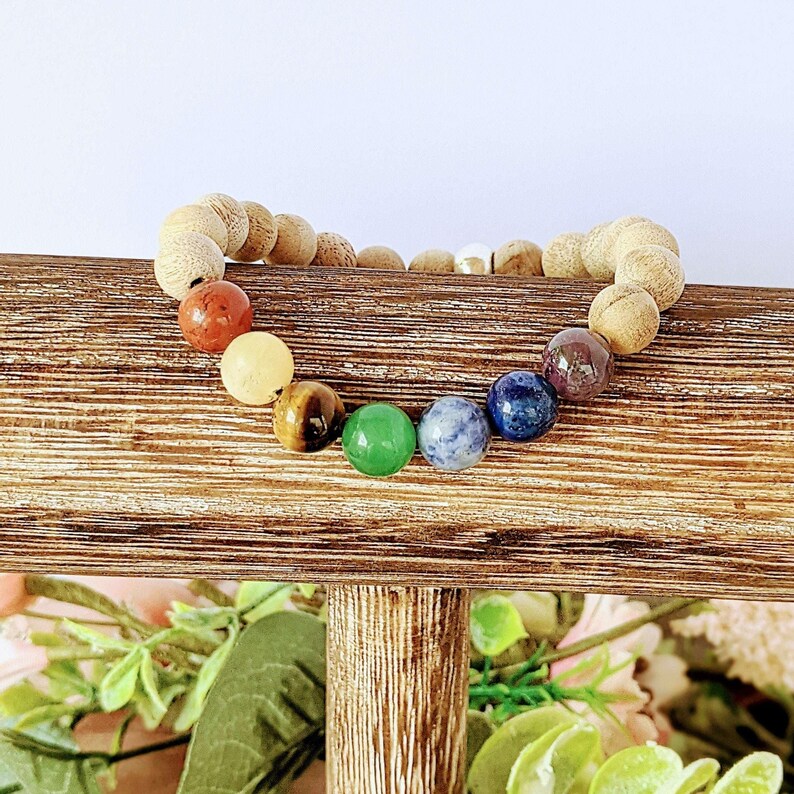 Sandalwood Chakra Bead Diffuser Bracelet, Energy & Balance - - LadybugfeetDesigns -