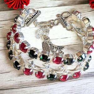 Red and Deep Green Multi Faceted Crystal Bracelet-Large 8 inch - - LadybugfeetDesigns -