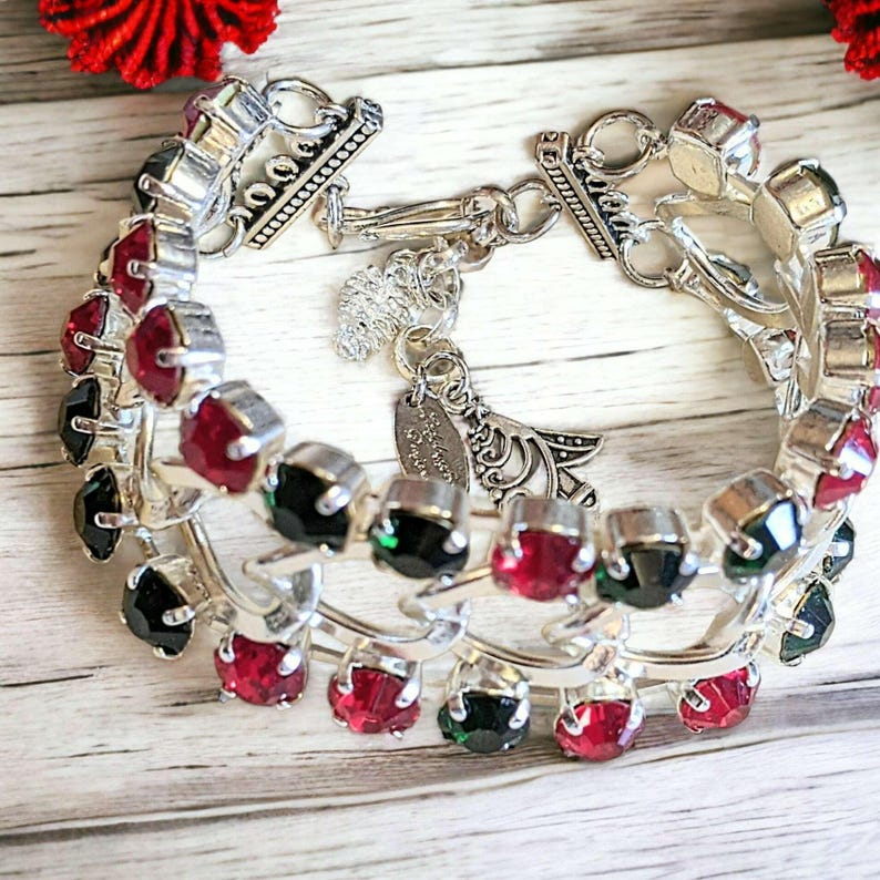 Red and Deep Green Multi Faceted Crystal Bracelet-Large 8 inch - - LadybugfeetDesigns -