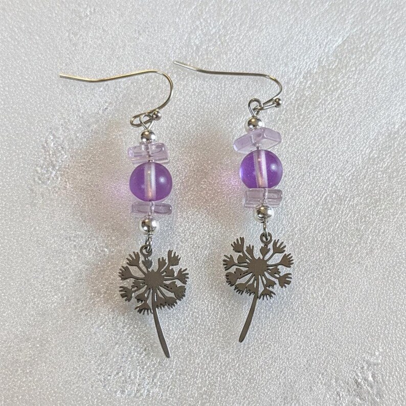 Dandelion Amethyst/Purple Mermaid Glass Beaded Hook Earrings - - LadybugfeetDesigns -