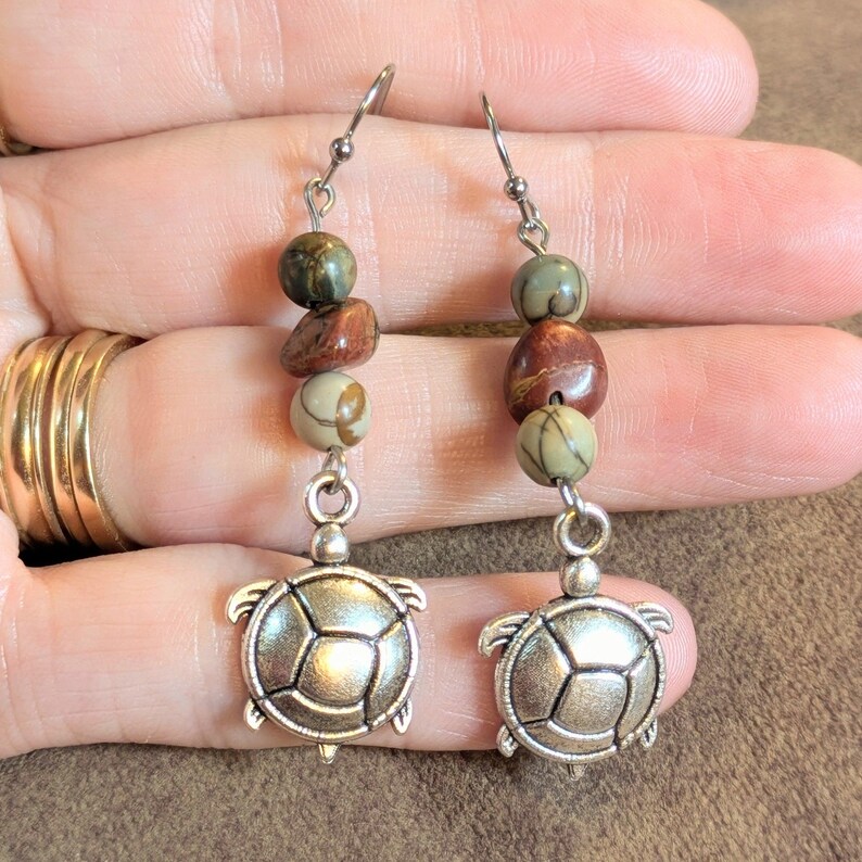 Turtle Red Creek Jasper Hook Earrings, Silver - - LadybugfeetDesigns -