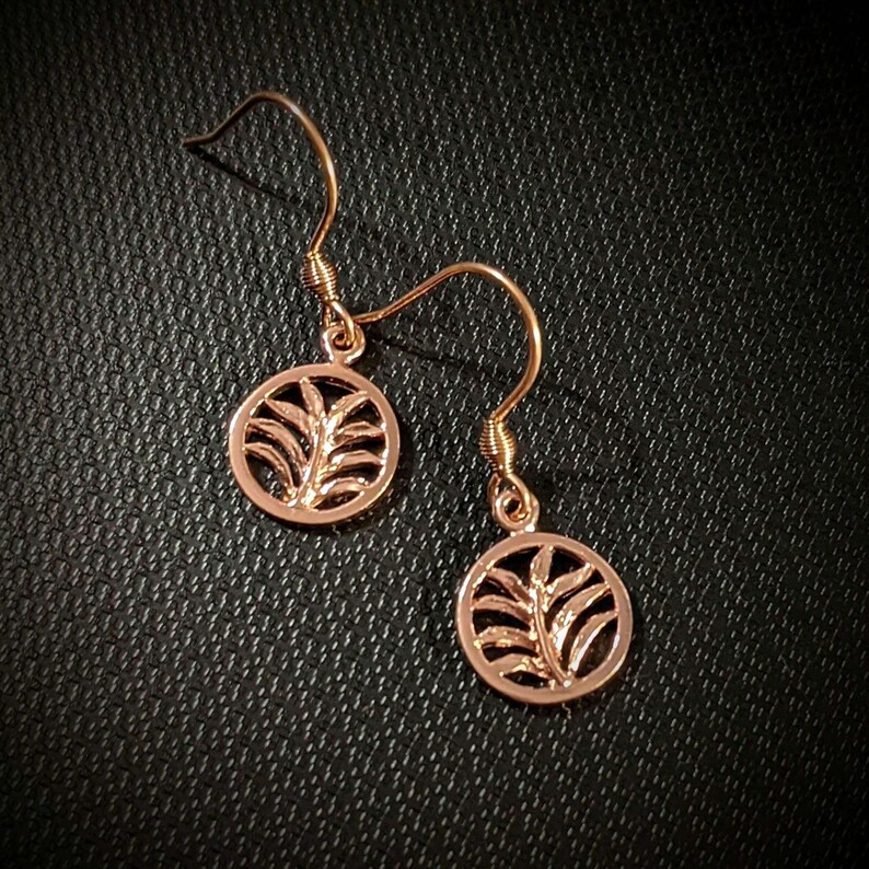 Palm Leaf Rose Gold dangle earrings - - LadybugfeetDesigns -