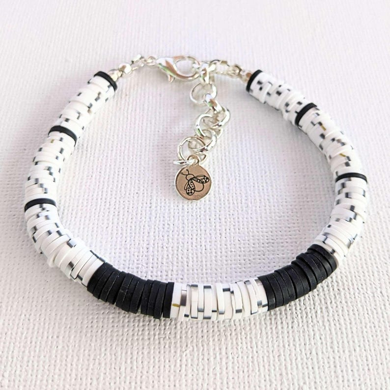 Black, Salt & Pepper Heishi Clay Disc Bracelet - - LadybugfeetDesigns -