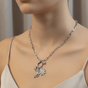 Celestial Moon Face, CZ Sun and Star Shackle Clasp Carabiner Necklace, Silver - 20 inch - - LadybugfeetDesigns -