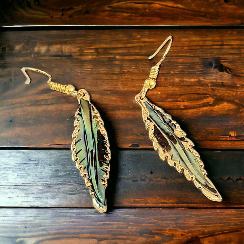 Abalone Feather dangle earrings, Gold - - LadybugfeetDesigns -