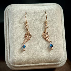 Peacock Crystal Feather Rose Gold dangle earrings - - LadybugfeetDesigns -
