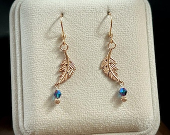 Peacock Crystal Feather Rose Gold dangle earrings