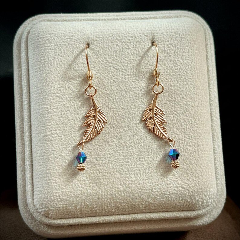 Peacock Crystal Feather Rose Gold dangle earrings - - LadybugfeetDesigns -