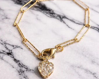 CZ Melting Heart Paperclip Chain Bracelet, Gold