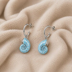 Blue Sea Snail Hoop Earrings, Silver - 16mm - - LadybugfeetDesigns -