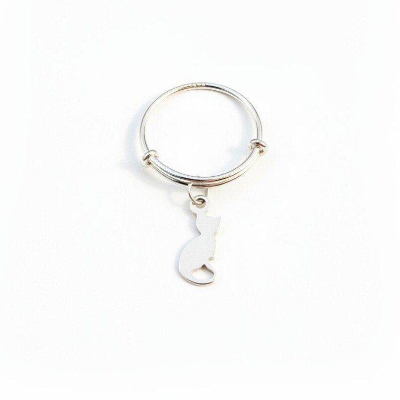 Kitten Adjustable Charm Ring, Silver - - LadybugfeetDesigns -