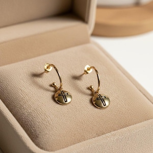 Cross Gold Hoop earrings, Gold - 16mm - - LadybugfeetDesigns -