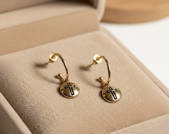 Cross Gold Hoop earrings, Gold - 16mm