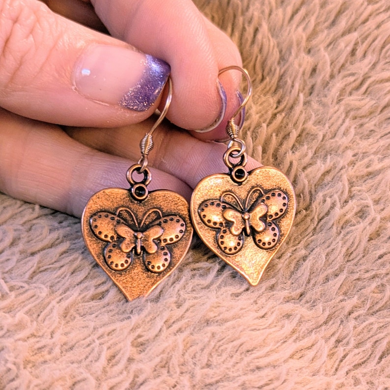Butterfly Heart dangle earrings, Copper/Rose Gold - - LadybugfeetDesigns -