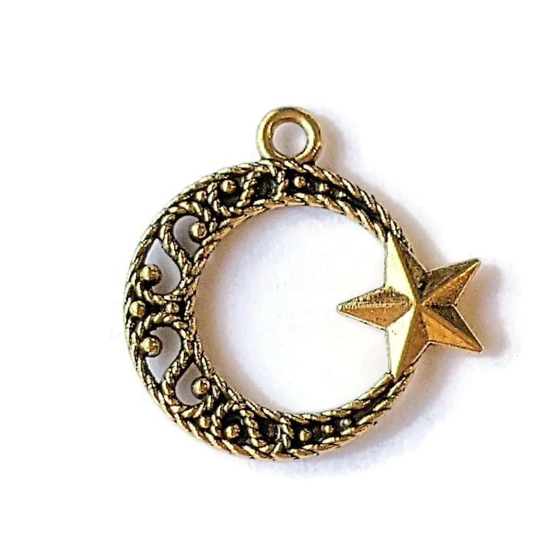 Large Gold Filigree Crescent Moon & Star Charm Pendant - - LadybugfeetDesigns -
